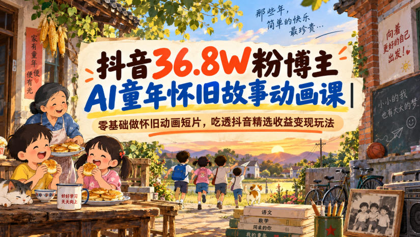 抖音36.8W粉博主AI童年怀旧故事动画课|零基础做怀旧动画短片,吃透抖音精选收益变现玩法-旺仔资源库