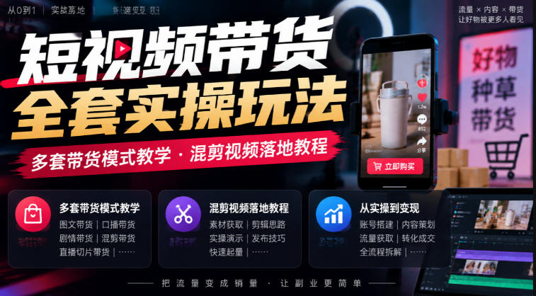 短视频带货全套实操玩法,多套带货模式教学,混剪视频落地教程-旺仔资源库