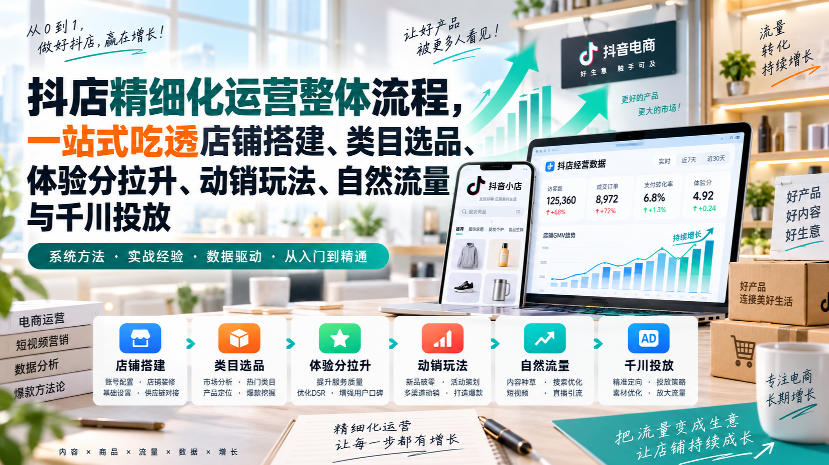 李哥电商-抖店精细化运营整体流程,一站式吃透店铺搭建、类目选品、体验分拉升、动销玩法、自然流量与千川投放-旺仔资源库