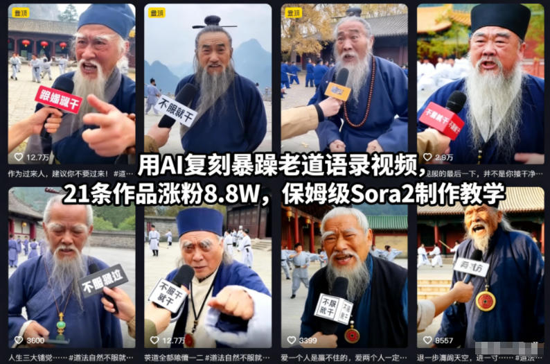 用AI复刻暴躁老道语录视频,21条作品涨粉8.8W,保姆级Sora2制作教学-旺仔资源库