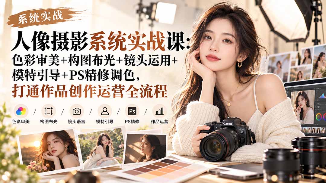 【无水印】人像摄影系统实战课:色彩审美+构图布光+镜头运用+模特引导+PS精修调色,打通作品创作运营全流程-旺仔资源库