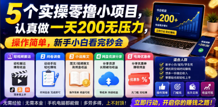 5个实操零撸小项目,认真做一天200无压力,操作简单,新手小白看完秒会【揭秘】-旺仔资源库