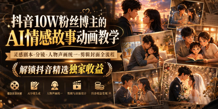 抖音10W粉丝博主的AI情感故事动画教学,灵感剧本‑分镜‑人物声画统一‑剪辑封面全流程,解锁抖音精选独家收益-旺仔资源库