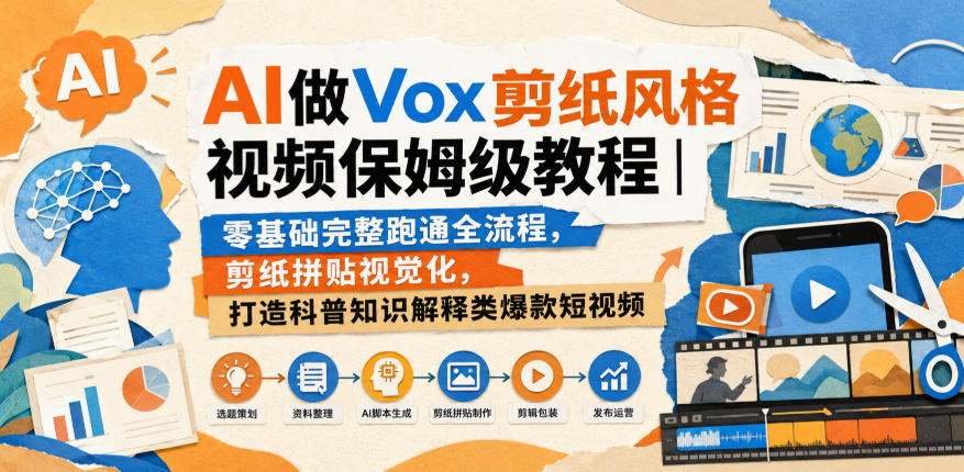 AI做Vox剪纸风格视频保姆级教程｜零基础完整跑通全流程，剪纸拼贴视觉化，打造科普知识解释类爆款短视频-旺仔资源库