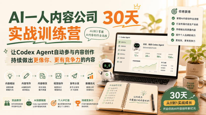 AI一人内容公司30天实战训练营，让Codex Agent自动参与内容创作持续做出更像你、更有竞争力的内容-旺仔资源库