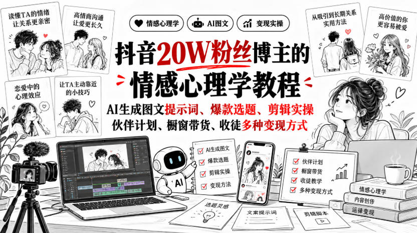 抖音20W粉丝博主静候心声的情感心理学教程,AI生成图文提示词、爆款选题、剪辑实操,伙伴计划、橱窗带货、收徒多种变现方式-旺仔资源库