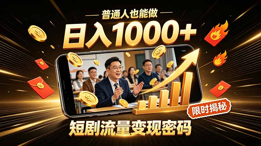 一部手机做短剧分发，不用真人出镜、不用拍摄剧本，快手流量变现日赚千元-旺仔资源库