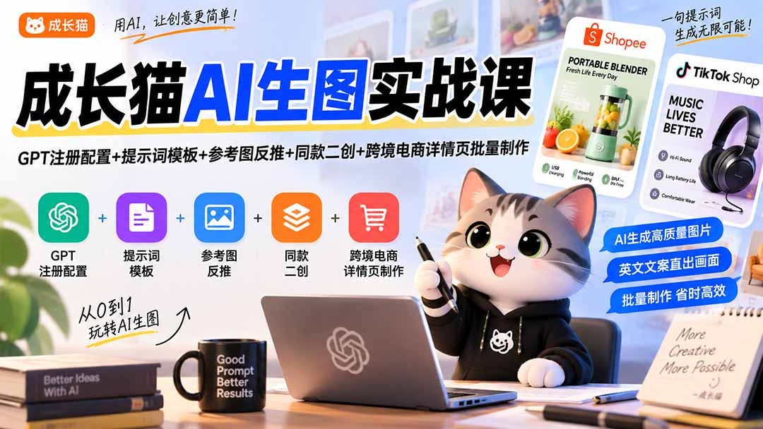 成长猫AI生图实战课|GPT注册配置+提示词模板+参考图反推+同款二创+跨境电商详情页批量制作-旺仔资源库