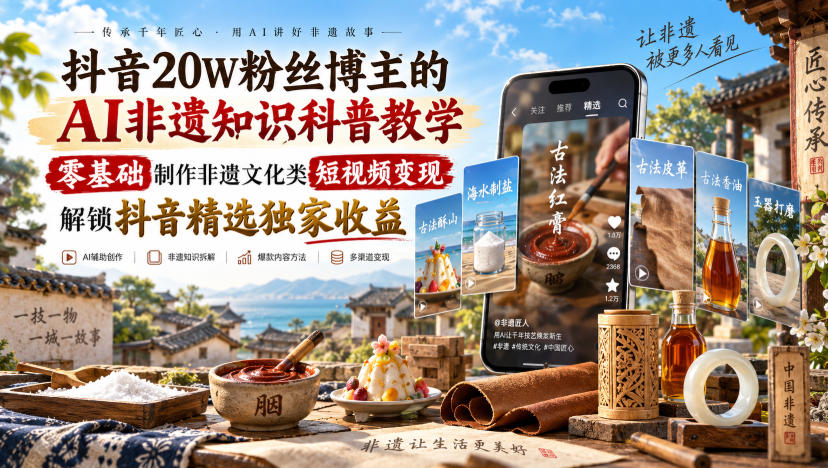 抖音20W粉丝博主的AI非遗知识科普教学，零基础制作非遗文化类短视频变现，解锁抖音精选独家收益-旺仔资源库