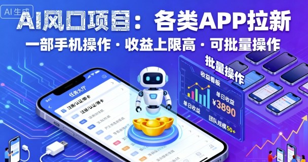 AI风口项目，各类APP拉新，一部手机就可以操作，收益上限高，可批量操作-旺仔资源库