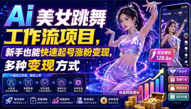 Ai美女跳舞工作流项目，新手也能快速起号涨粉变现，多种变现方式-旺仔资源库