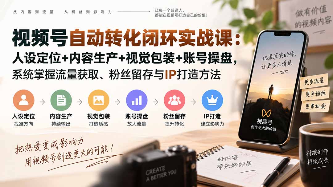 视频号自动转化闭环实战课:人设定位+内容生产+视觉包装+账号操盘,系统掌握流量获取、粉丝留存与IP打造方法-旺仔资源库