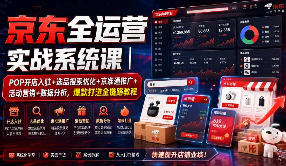 京东全运营实战系统课｜POP开店入驻+选品搜索优化+京准通推广+活动营销+数据分析，爆款打造全链路教程-旺仔资源库