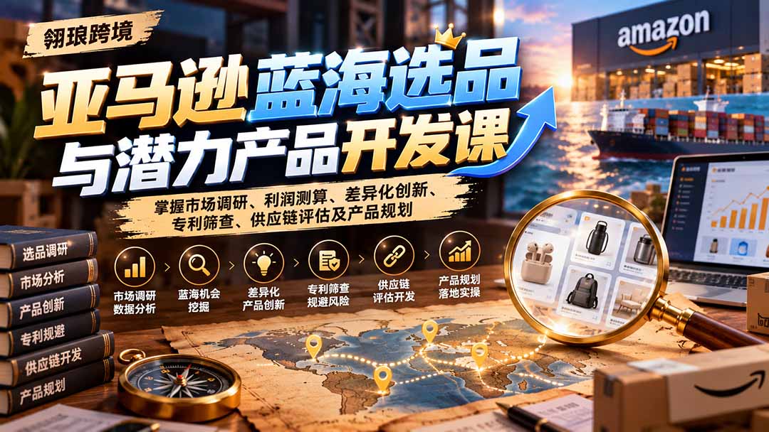 亚马逊蓝海选品与潜力产品开发课:掌握市场调研、利润测算、差异化创新、专利筛查、供应链评估及产品规划-旺仔资源库