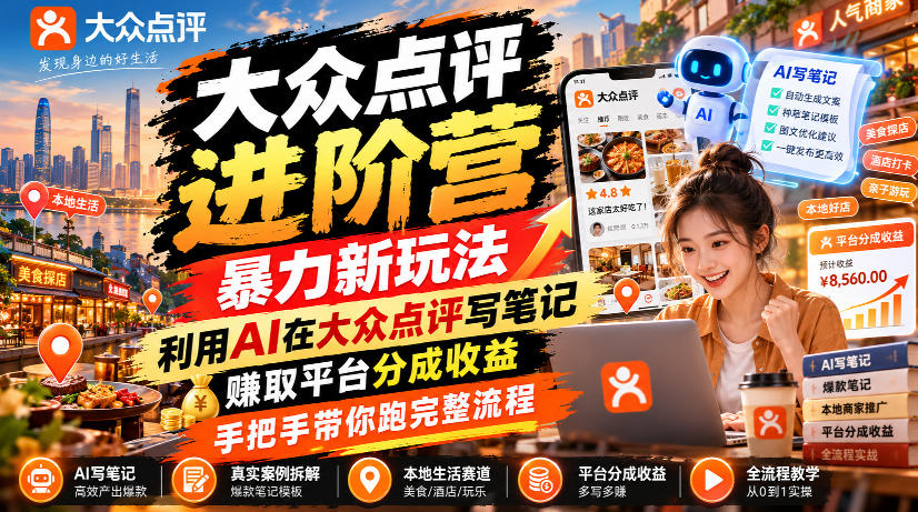 大众点评进阶营,暴力新玩法,利用AI在大众点评写笔记, 賺取平台分成收益,手把手带你跑完整流程-旺仔资源库