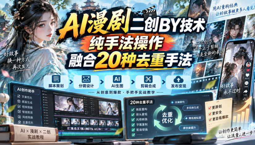 AI漫剧二创搬运技术，纯手法操作，融合20种去重手法-旺仔资源库