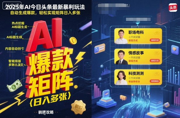 2025年AI今日头条最新暴利玩法，自动生成爆款，轻松实现矩阵日入多张-旺仔资源库