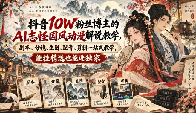 抖音10W粉丝博主满堂诡事的AI志怪国风动漫解说教学，剧本、分镜、生图、配音、剪辑一站式教学，能挂精选也能进独家​-旺仔资源库