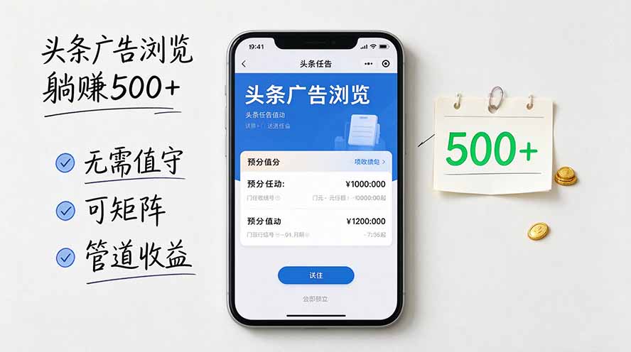 头条广告浏览躺赚500+无需值守,可矩阵并附有管道收益-旺仔资源库