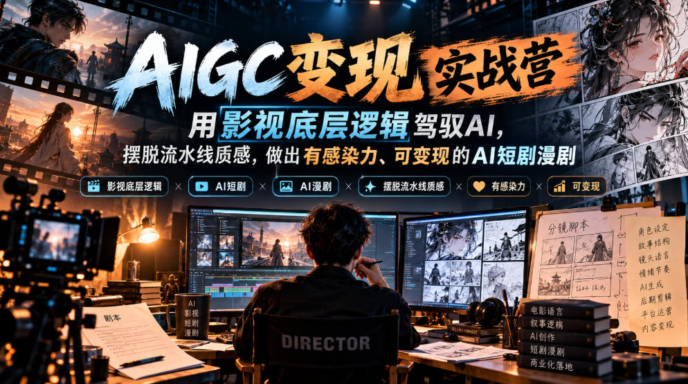 AIGC变现实战营，用影视底层逻辑驾驭AI，摆脱流水线质感，做出有感染力、可变现的AI短剧漫剧-旺仔资源库