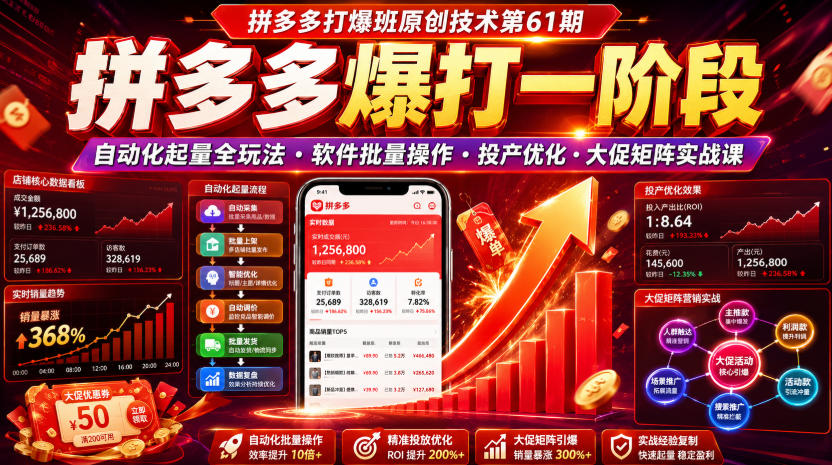 拼多多打爆班原创技术第61期,拼多多爆打一阶段,自动化起量全玩法・软件批量操作・投产优化・大促矩阵实战课-旺仔资源库