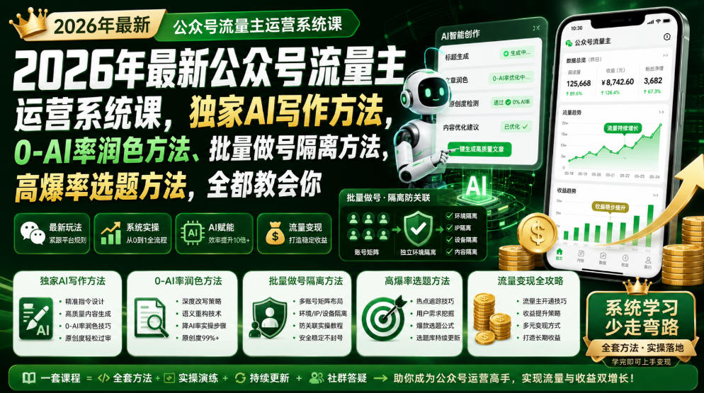 2026年最新公众号流量主运营系统课，独家AI写作方法，0-AI率润色方法、批量做号隔离方法、高爆率选题方法，全都教会你-旺仔资源库