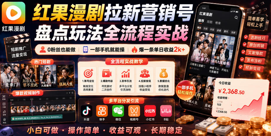 红果漫剧拉新营销号盘点玩法全流程实战，0粉丝也能做，一部手机就能做，爆一条单日收益2k+(更新0922)-旺仔资源库