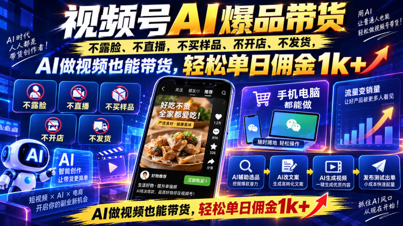 视频号Ai爆品带货，不露脸、不直播、不买样品、不开店、不发货，AI做视频也能带货，轻松单日佣金1k+-旺仔资源库