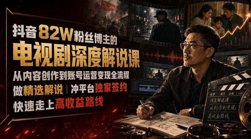 抖音82W粉丝博主的电视剧深度解说课，从内容创作到账号运营变现全流程，做精选解说，冲平台独家签约，快速走上高收益路线-旺仔资源库