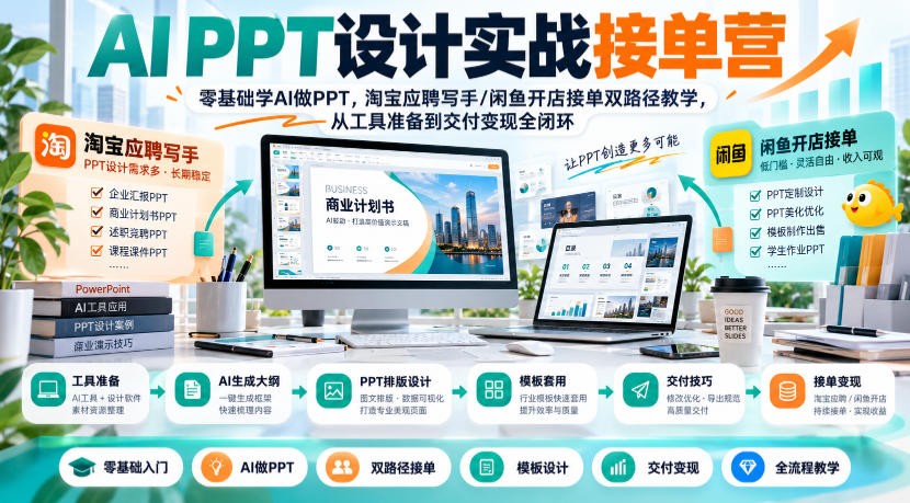 AI PPT设计实战接单营｜零基础学AI做PPT，淘宝应聘写手/闲鱼开店接单双路径教学，从工具准备到交付变现全闭环-旺仔资源库