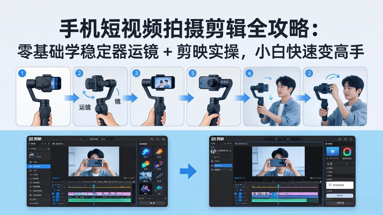 手机短视频拍摄剪辑全攻略：零基础学稳定器运镜 + 剪映实操，小白快速变高手-旺仔资源库