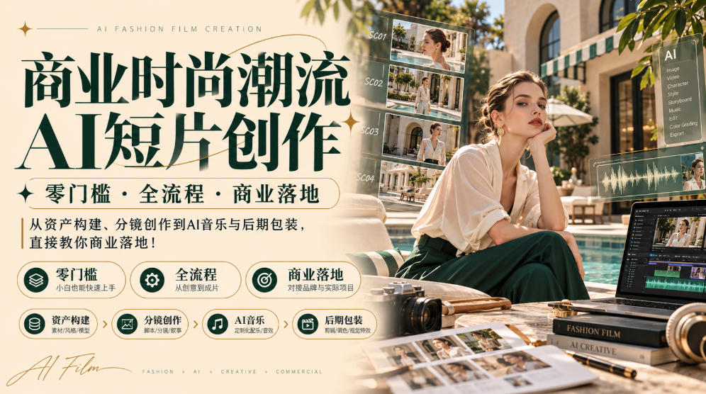 商业时尚潮流AI短片创作|零门槛・全流程・商业落地,从资产构建、分镜创作到AI音乐与后期包装,直接教你商业落地!-旺仔资源库