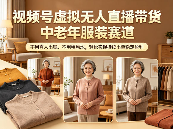 视频号虚拟无人直播带货中老年服装赛道，不用真人出镜、不用租场地，轻松实现持续出单稳定盈利-旺仔资源库