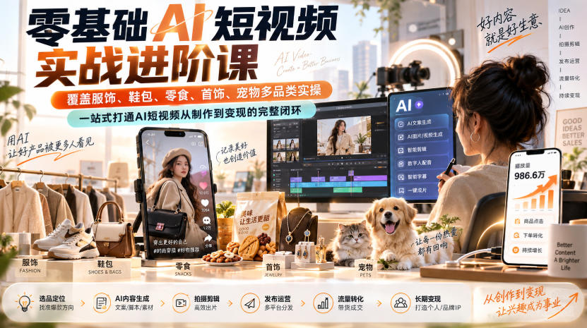 零基础AI短视频实战进阶课,覆盖服饰、鞋包、零食、首饰、宠物多品类实操,一站式打通AI短视频从制作到变现的完整闭环-旺仔资源库