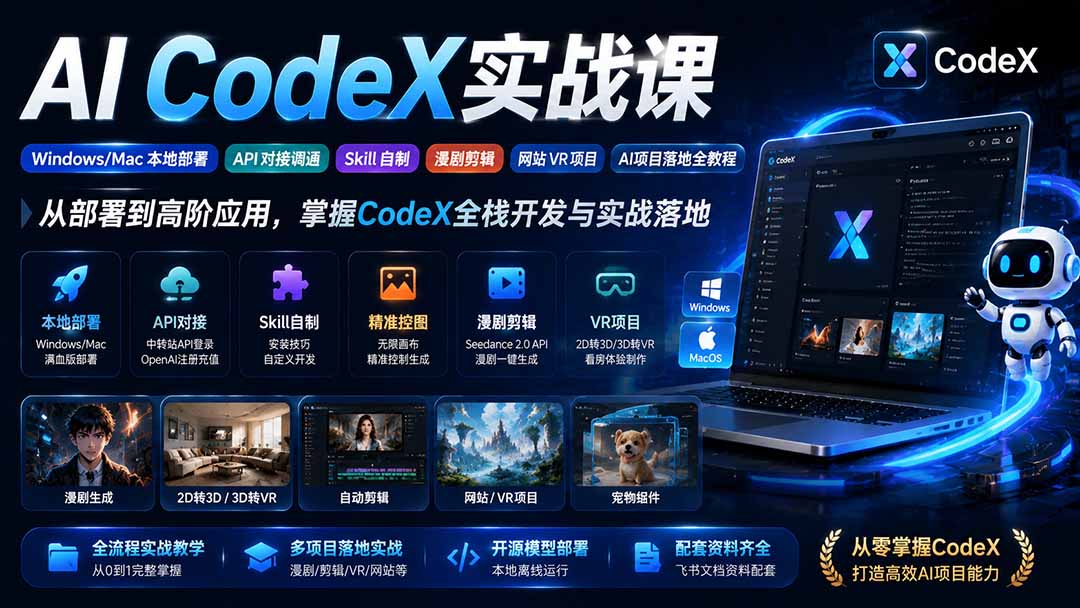 AI  CodeX实战课｜Windows/Mac 本地部署｜API 对接调通｜Skill 自制｜漫剧剪辑｜网站 VR 项目｜AI项目落地全教程-旺仔资源库