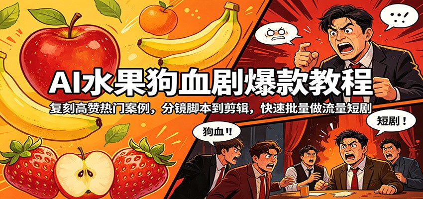 AI水果狗血剧爆款教程：复刻高赞热门案例，分镜脚本到剪辑，快速批量做流量短剧-旺仔资源库