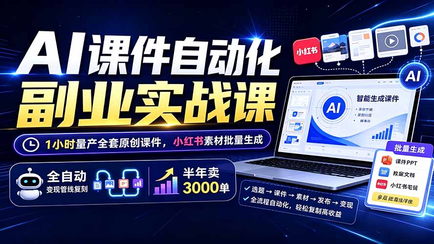 AI课件自动化副业实战课:1小时量产全套原创课件×小红书素材批量生成×全自动变现管线×半年卖3000单-旺仔资源库