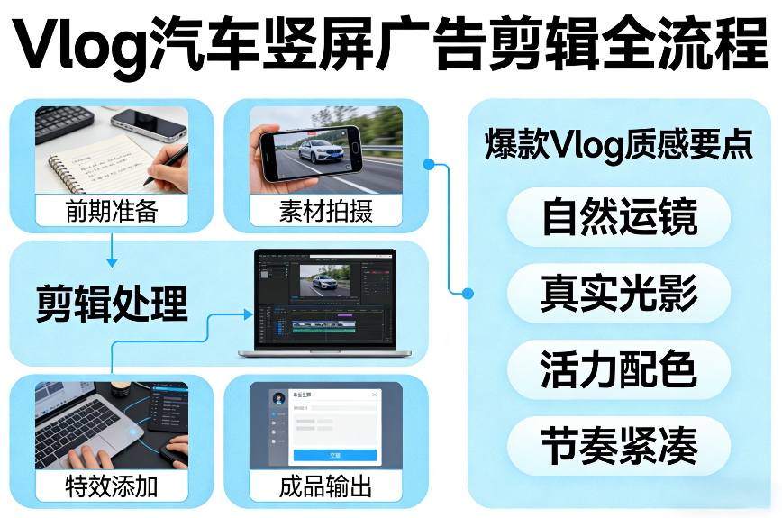 Vlog感觉汽车竖屏广告剪辑脚本全流程，拿捏爆款Vlog质感-旺仔资源库