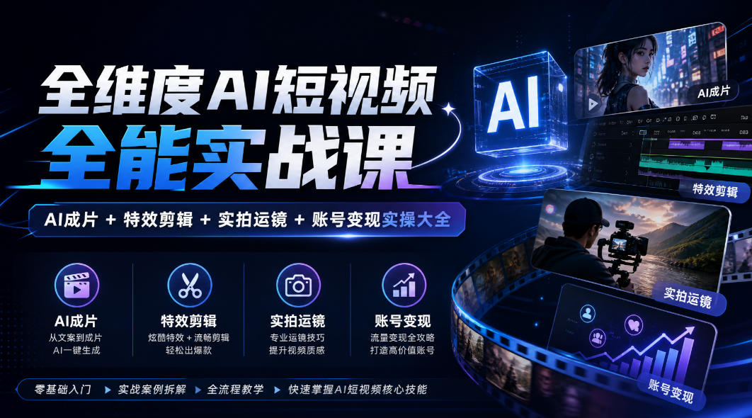 全维度AI短视频全能实战课,AI成片+特效剪辑+实拍运镜+账号变现实操大全-旺仔资源库