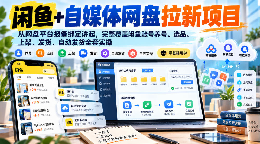 闲鱼+自媒体网盘拉新项目，从网盘平台报备绑定讲起，完整覆盖闲鱼账号养号、选品、上架、发货、自动发货全套实操-旺仔资源库