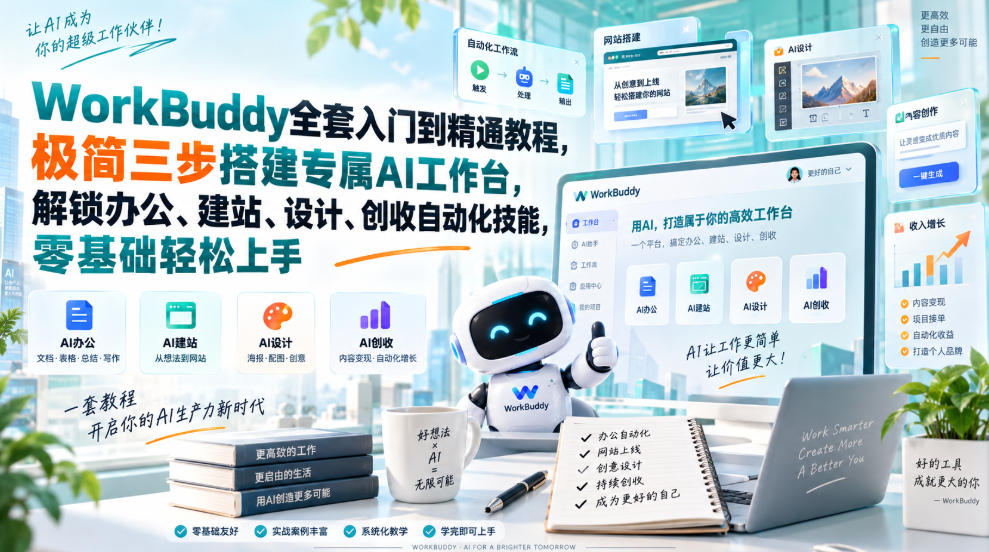 WorkBuddy全套入门到精通教程,极简三步搭建专属AI工作台,解锁办公、建站、设计、创收自动化技能,零基础轻松上手-旺仔资源库