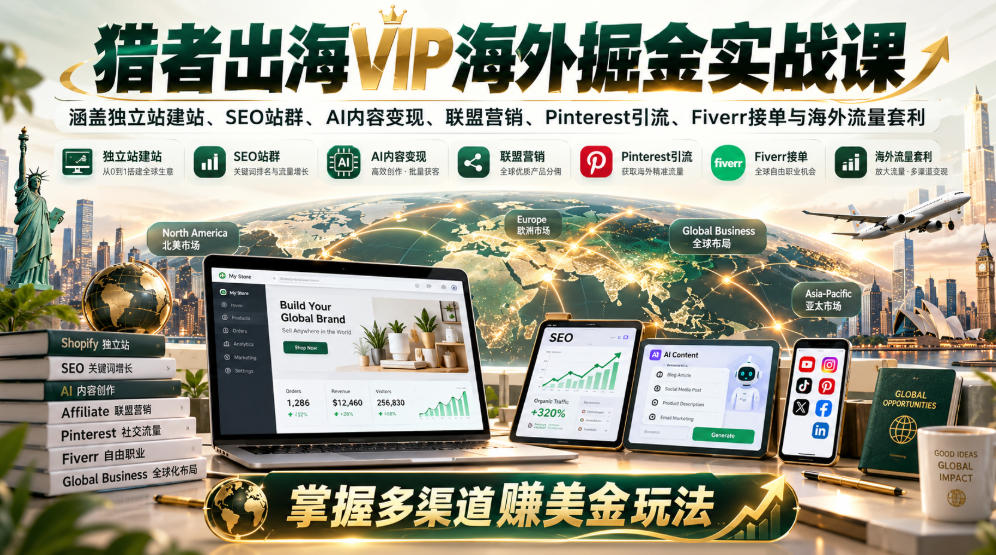 猎者出海VIP海外掘金实战课:涵盖独立站、SEO站群、AI变现、联盟营销、Pinterest引流、Fiverr接单与海外流量套利,掌握多渠道賺美金玩法-旺仔资源库