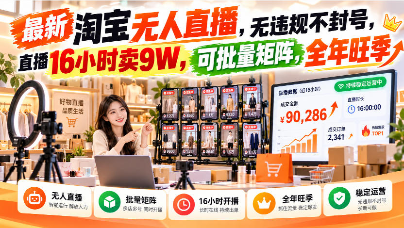 最新淘宝无人直播,无违规不封号,直播16小时卖9W,可批量矩阵,全年旺季【揭秘】-旺仔资源库