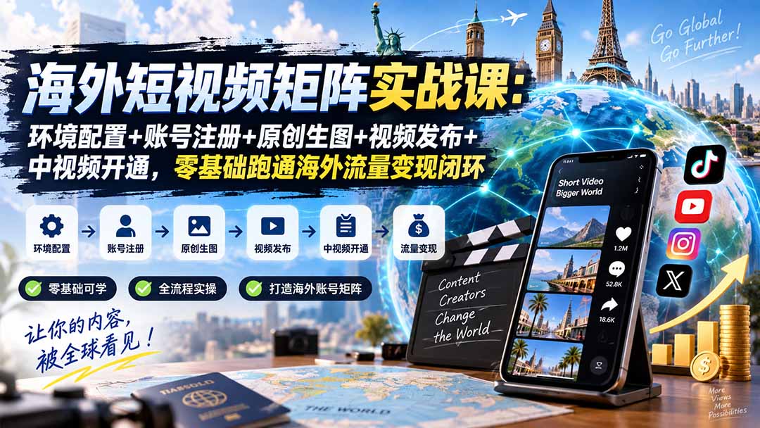 海外短视频矩阵实战课:环境配置+账号注册+原创生图+视频发布+中视频开通,零基础跑通海外流量变现闭环-旺仔资源库