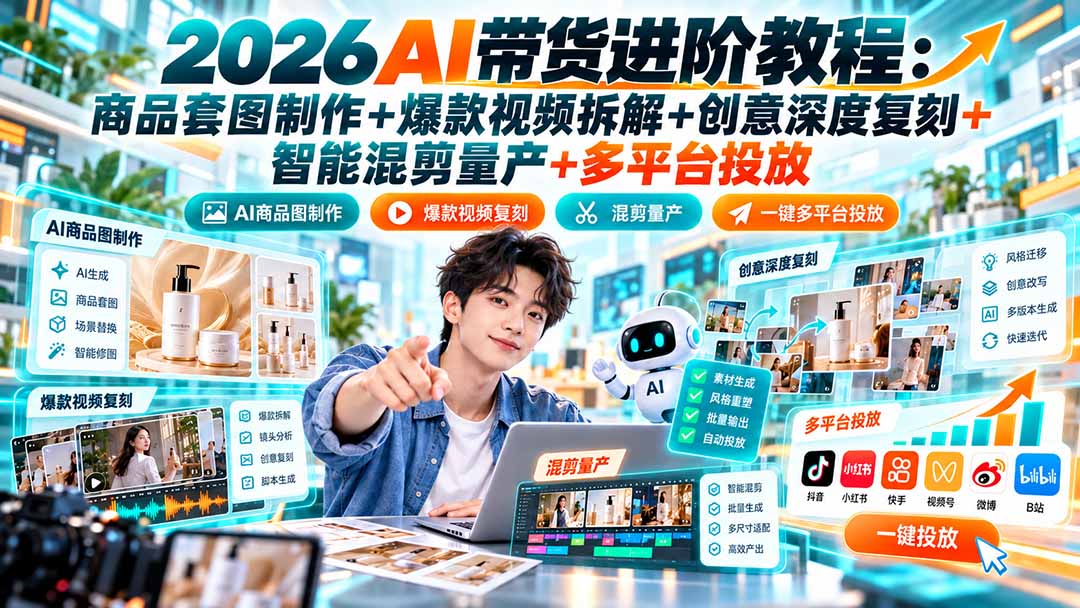 2026AI带货进阶教程:商品套图制作+爆款视频拆解+创意深度复刻+智能混剪量产+多平台投放-旺仔资源库