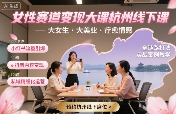 女性赛道变现大课杭州线下，大女生，大美业，疗愈情感，一套小红书、抖音、私域全链路打法-旺仔资源库