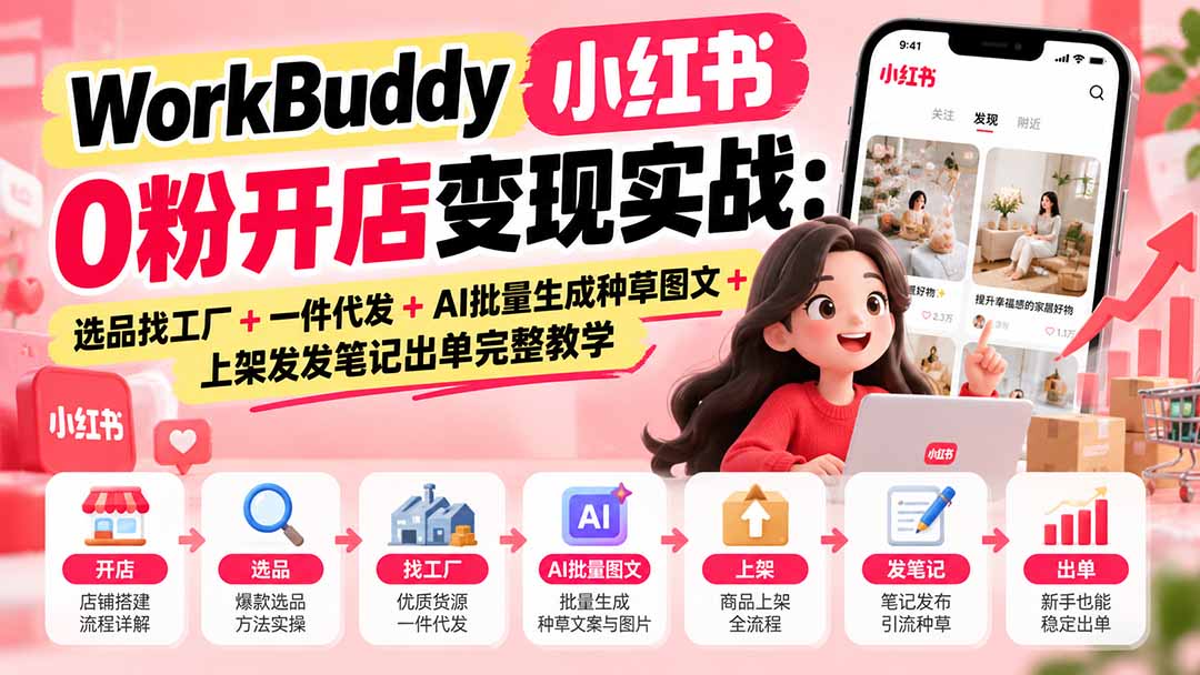 WorkBuddy小红书0粉开店变现实战：选品找工厂+一件代发+AI批量生成种草图文+上架发发笔记出单完整教学-旺仔资源库