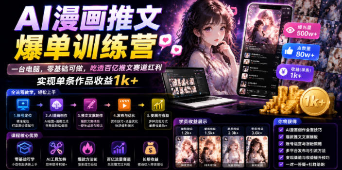 AI漫画推文爆单训练营,一台电脑,零基础可做,吃透百亿推文赛道红利,实现单条作品收益1k+-旺仔资源库