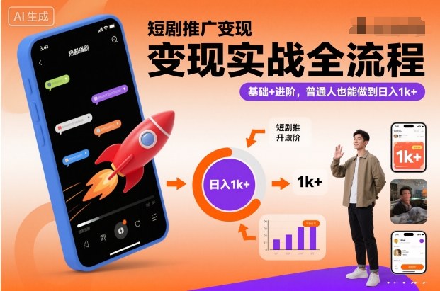 短剧推广变现实战全流程,基础+进阶,普通人也能做到日入1k+-旺仔资源库