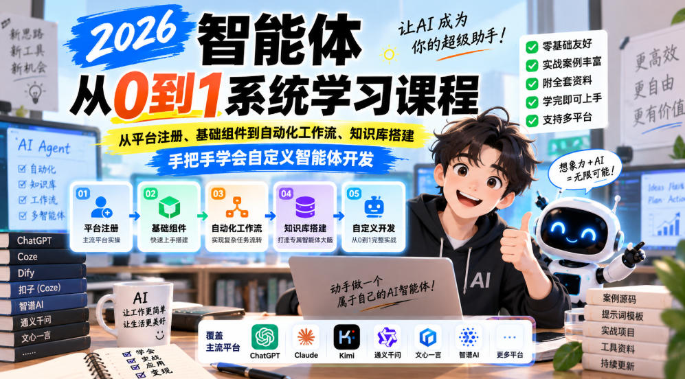 2026智能体从0到1系统学习课程,从平台注册、基础组件到自动化工作流、知识库搭建,手把手学会自定义智能体开发-旺仔资源库